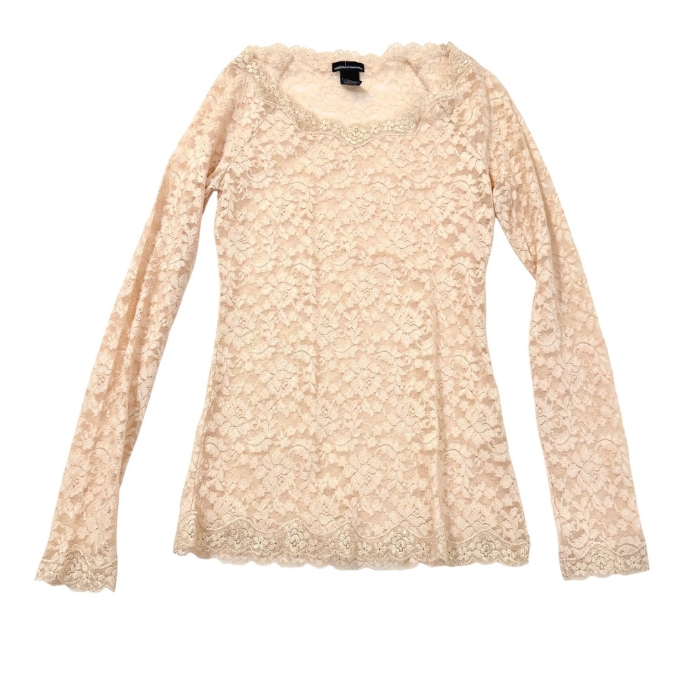 Moda International VTG‎ Floral Unconventional Lace Long Sleeve Top Mesh Sheer